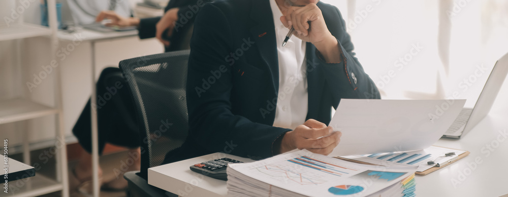 Business Documents, Auditor businesswoman checking searching document legal prepare paperwork or report for analysis TAX time,accountant Documents data contract partner deal in workplace office - obrazy, fototapety, plakaty 