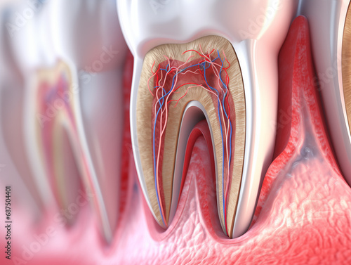 Teeth in gums with tooth anatomy detailed view. Generative AI.
