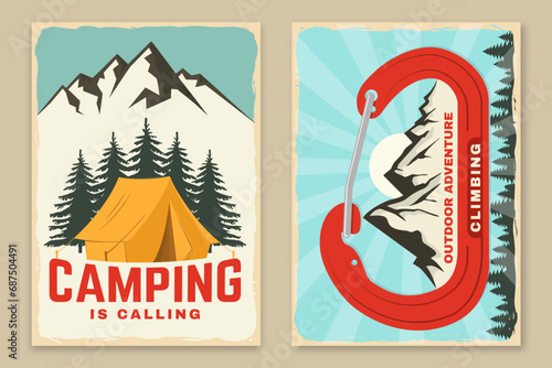 Set of camping retro posters. Vector. Vintage typography design with forest pine tree, camping tent, mountain and old metal climbing ice-axe silhouette. Outdoors adventure