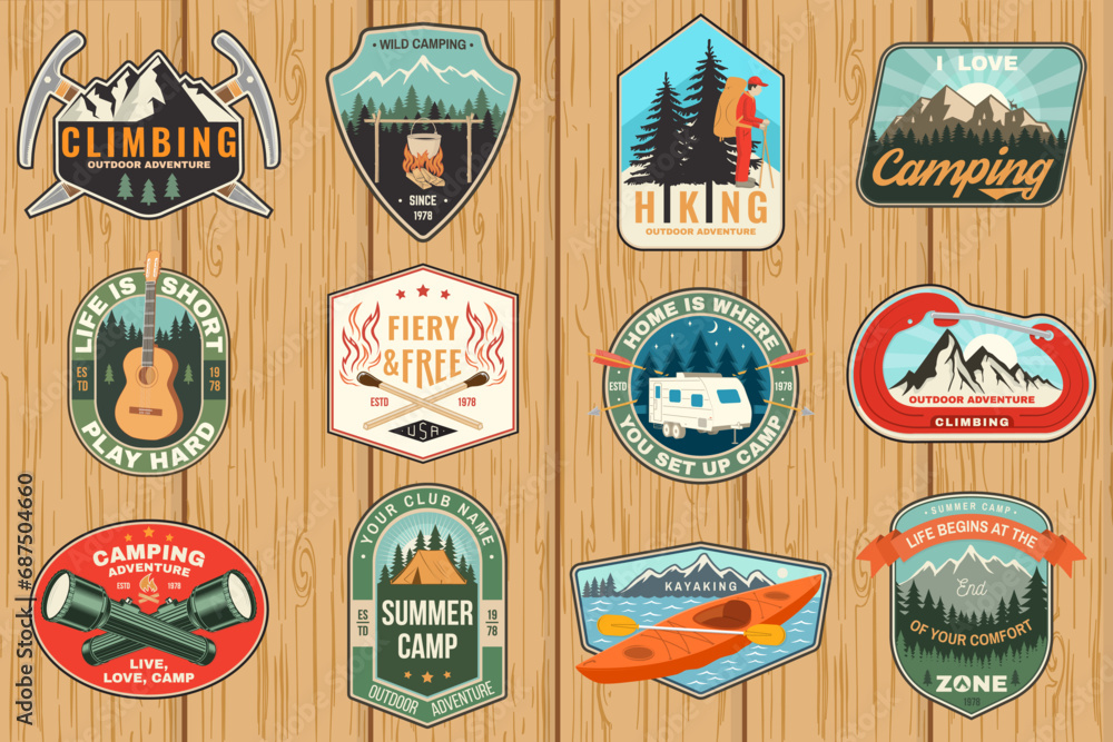Set of camping patch, sticker. Outdoor adventure vector badge design. Vintage typography design with canoe, mountain, matches stick, burning lighter, hiker, climbing ice-axe and forest