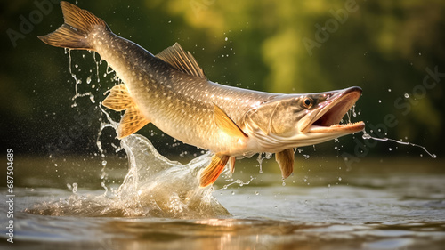 Big pike fish jump out of water with splashes. Fishing background. 
 photo