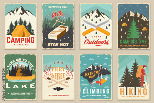 Set of camping retro posters. Outdoor adventure vector badge design. Vintage typography design with knives, bear in canoe, matches stick, burning lighter, hiker, climbing ice-axe match and forest