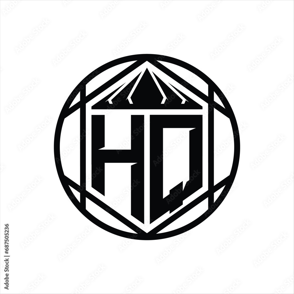 HQ Letter Logo monogram hexagon slice crown sharp shield shape isolated circle abstract style design HQ Letter Logo monogram hexagon slice crown sharp shield shape isolated circle abstract style design