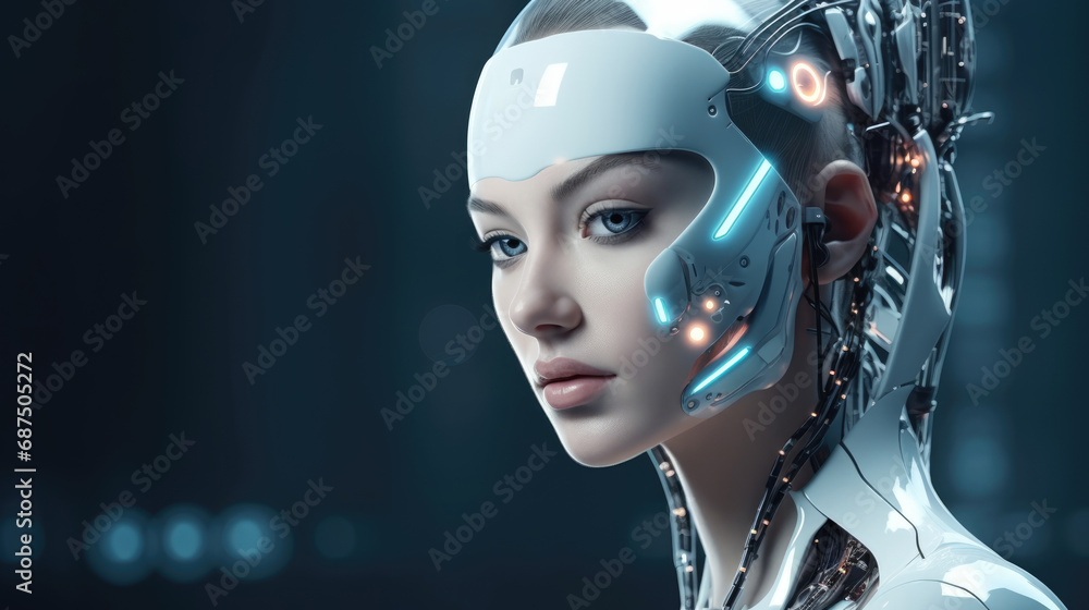 Futuristic cyborg woman, female humanoid robot. Artificial intelligence concept background