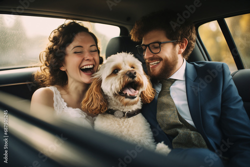 The newly married bride and groom went on a wedding trip by car with a dog photo