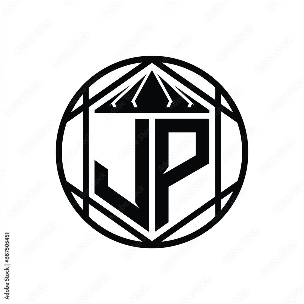 JP Letter Logo monogram hexagon slice crown sharp shield shape isolated circle abstract style design JP Letter Logo monogram hexagon slice crown sharp shield shape isolated circle abstract style design