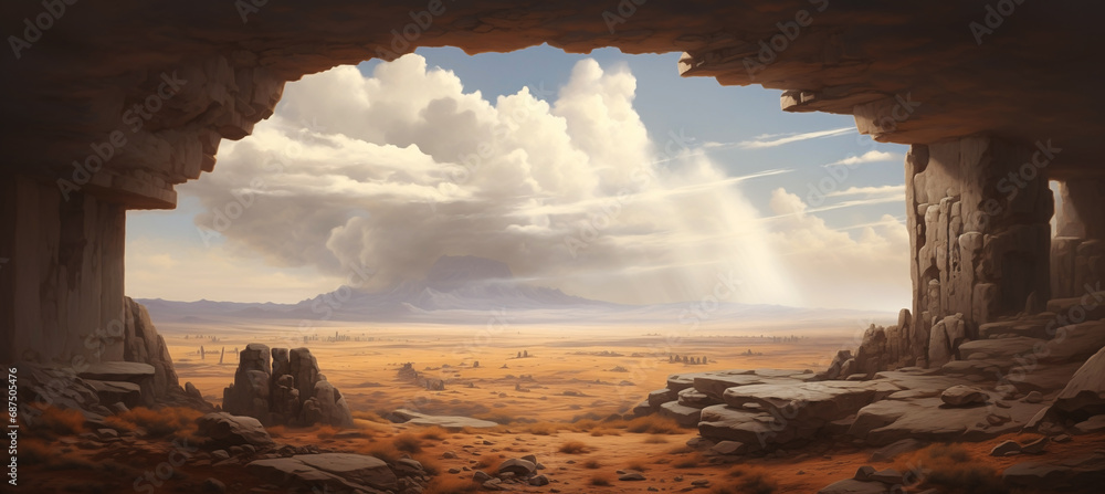 Inside sandstone cave entrance with scenic view of desert valley - midday sunshine shelter from the hot and dry weather - distant mountains and rain clouds in the sky over valley. - obrazy, fototapety, plakaty 
