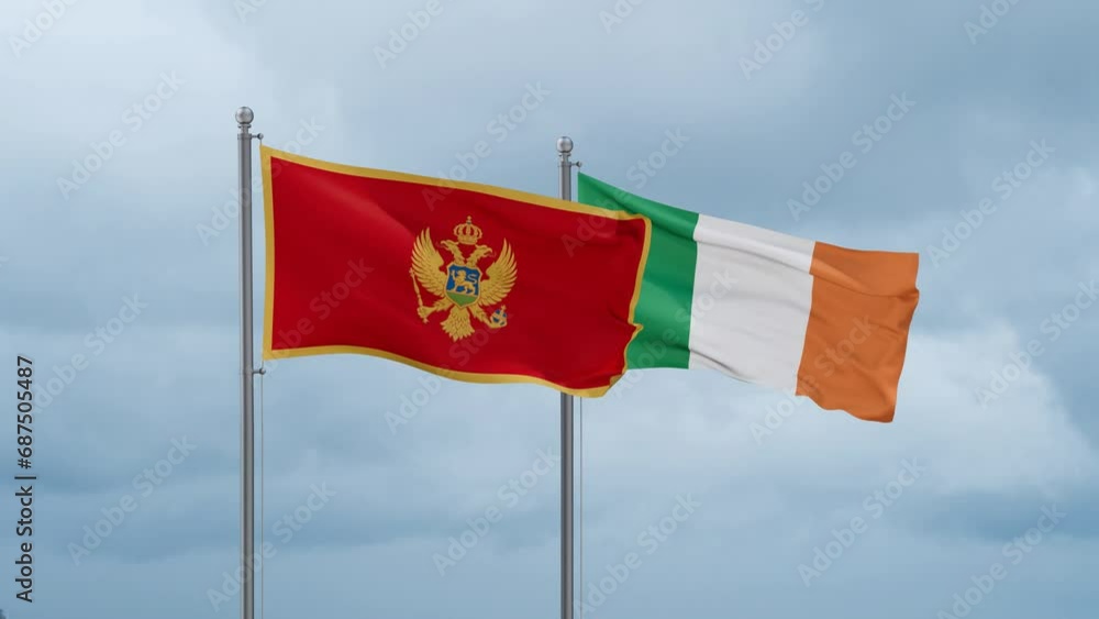 Ireland flag and Montenegro flag waving together on cloudy sky, endless seamless loop, two country relations concept Ireland flag and Montenegro flag waving together on cloudy sky, endless seamless loop, two country relations concept