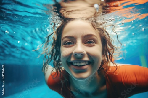 a beauty woman swimming underwater in a pool, looking on camera, a close-up of a person swimming in a pool,