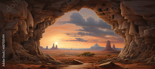 Inside sandstone cave entrance with scenic orange sunset view of desert valley - midday sunshine shelter from the hot and dry weather - distant rock formations and rain clouds in the sky over valley.