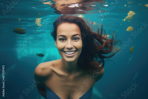 a beauty woman swimming underwater in a pool, looking on camera, a close-up of a person swimming in a pool, © YamunaART