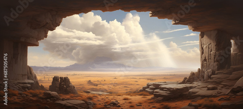 Inside sandstone cave entrance with scenic view of desert valley - midday sunshine shelter from the hot and dry weather - distant mountains and rain clouds in the sky over valley.