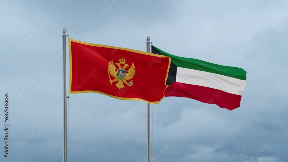 Kuwait and Montenegro flag waving together on cloudy sky, endless seamless loop, two country cooperation concept Kuwait and Montenegro flag waving together on cloudy sky, endless seamless loop, two country cooperation concept