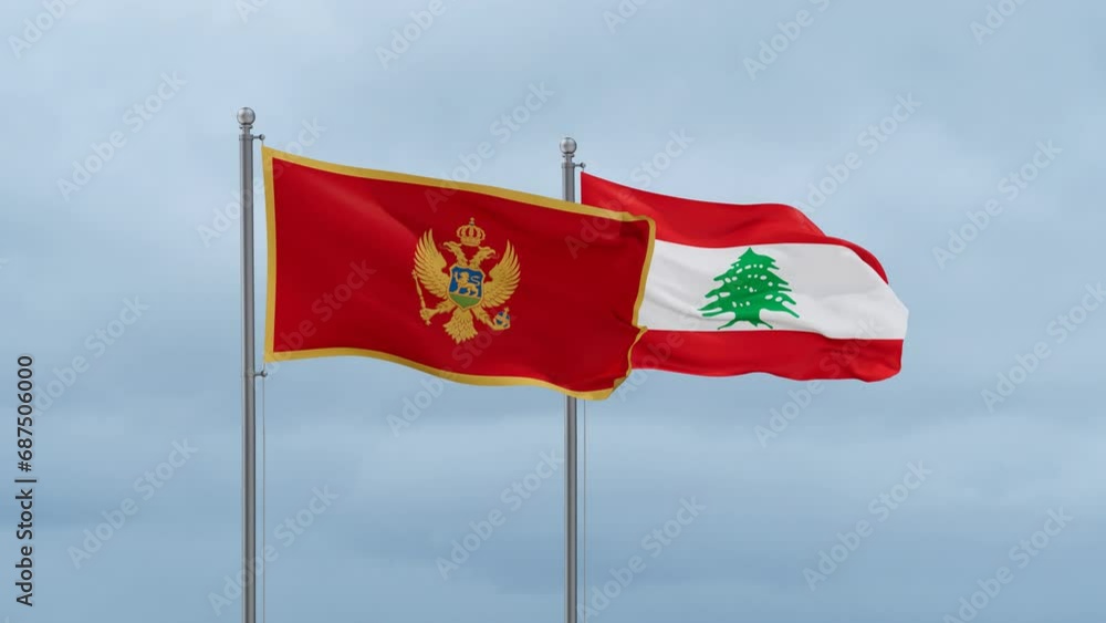 Lebanon flag and Montenegro flag waving together on cloudy sky, endless seamless loop, two country relations concept Lebanon flag and Montenegro flag waving together on cloudy sky, endless seamless loop, two country relations concept
