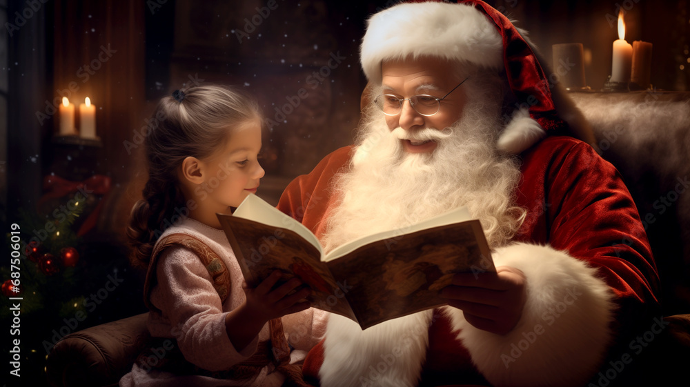 Santa Claus reading a book with child sitting on lap, Christmas tree, snow, fairytale atmosphere Santa Claus reading a book with child sitting on lap, Christmas tree, snow, fairytale atmosphere
