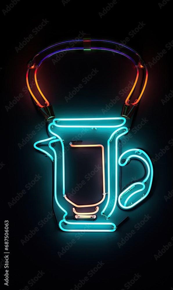 Glowing neon coffee cup icon on a dark brick wall background. Light effect hot beverage or cafe sign Glowing neon coffee cup icon on a dark brick wall background. Light effect hot beverage or cafe sign