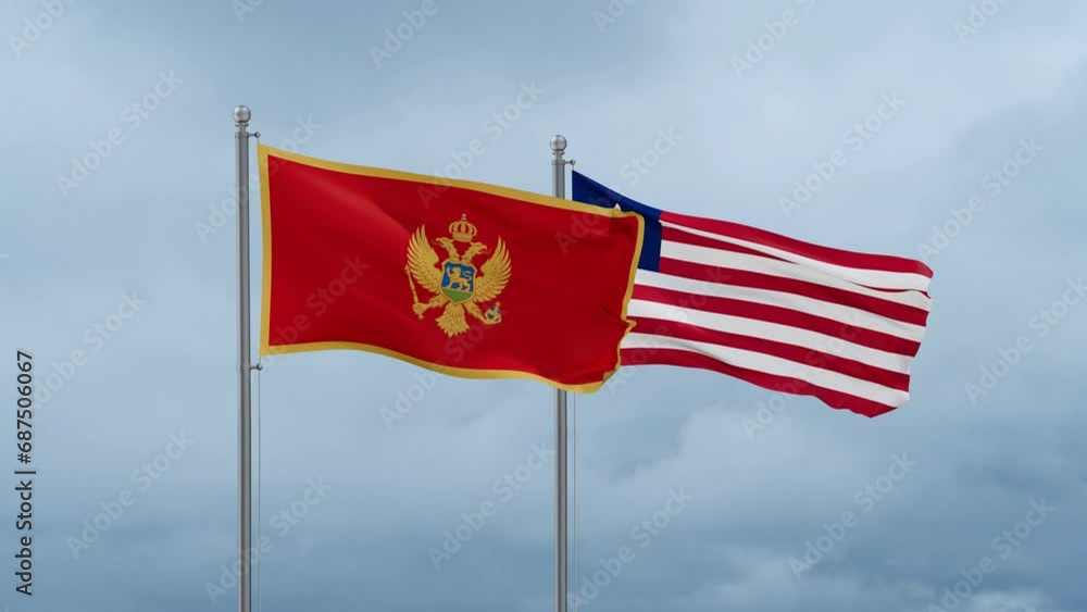Liberia and Montenegro flag waving together on cloudy sky, endless seamless loop, two country cooperation concept Liberia and Montenegro flag waving together on cloudy sky, endless seamless loop, two country cooperation concept