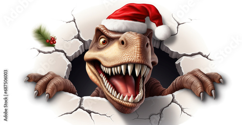 charming dinosaur Santa peeking out from a hole in the wall on a white background