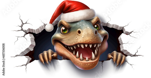 charming dragon Santa peeking out from a hole in the wall on a white background