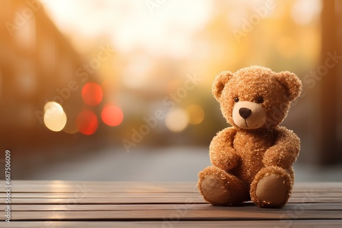 A cute, pretty teddy bear on the table.