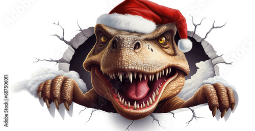 charming dinosaur Santa peeking out from a hole in the wall on a white background © Verzh