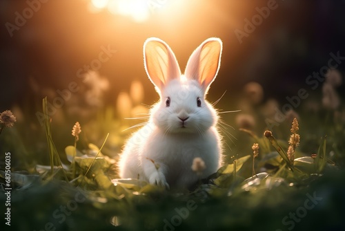 Cute little white fluffy rabbit in the grass. © BajimBa