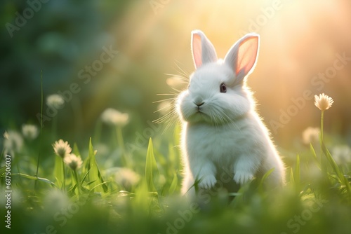 Cute little white fluffy rabbit in the grass.