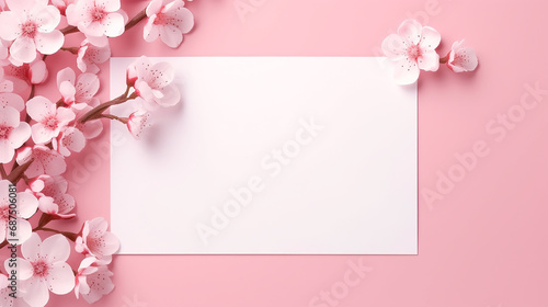 pink background with blank card and flowers