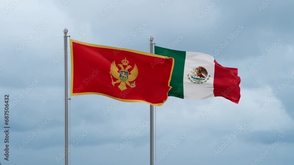 Mexico flag and Montenegro flag waving together on cloudy sky, endless seamless loop, two country relations concept Mexico flag and Montenegro flag waving together on cloudy sky, endless seamless loop, two country relations concept