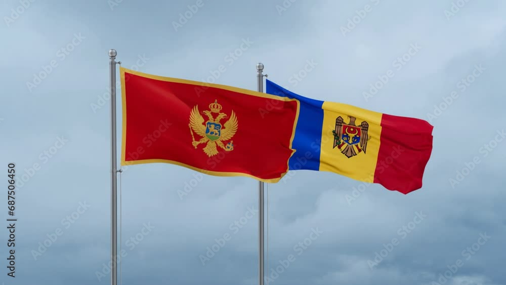 Moldova and Montenegro flag waving together on cloudy sky, endless seamless loop, two country cooperation concept Moldova and Montenegro flag waving together on cloudy sky, endless seamless loop, two country cooperation concept