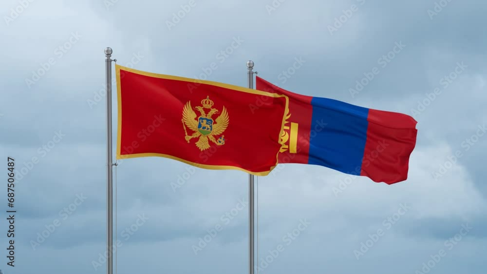 Mongolia and Montenegro flag waving together on cloudy sky, endless seamless loop, two country cooperation concept Mongolia and Montenegro flag waving together on cloudy sky, endless seamless loop, two country cooperation concept