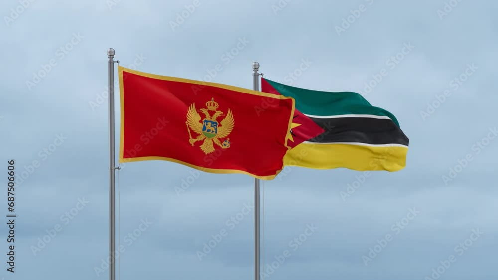 Mozambique and Montenegro flag waving together on cloudy sky, endless seamless loop, two country cooperation concept Mozambique and Montenegro flag waving together on cloudy sky, endless seamless loop, two country cooperation concept