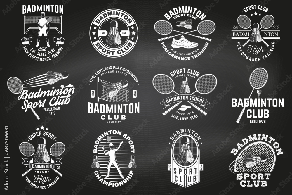 Set of badminton sport badge, patch, emblem, logo on chalkboard. Vector illustration. Vintage badminton label with racket, player and shuttlecock silhouettes. Concept for shirt or logo, print, stamp