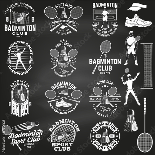Set of badminton sport badge, patch, emblem, logo on chalkboard. Vector illustration. Vintage badminton label with racket, player and shuttlecock silhouettes. Concept for shirt or logo, print, stamp