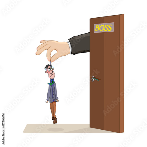 Boss with employee.Company boss lay off employee.Big hand holding small man.Conflicts at work.Unhappy fired or dismissed man.Redundant occupation.Personnel selection and management.Vector illustration