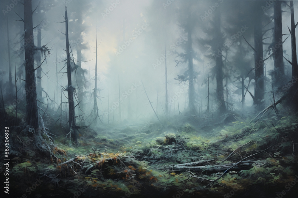 mystical misty forest, oil painting
