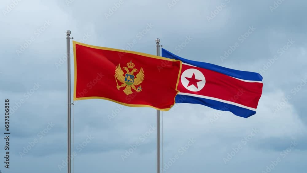 North Korea and Montenegro flag waving together on cloudy sky, endless seamless loop North Korea and Montenegro flag waving together on cloudy sky, endless seamless loop