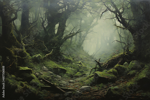 mystical misty forest, oil painting