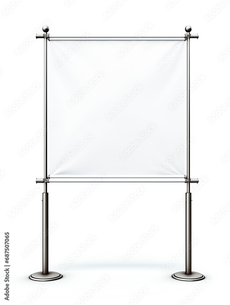 Blank white banner frame on a metal pole isolated on white background : Generative AI Blank white banner frame on a metal pole isolated on white background : Generative AI