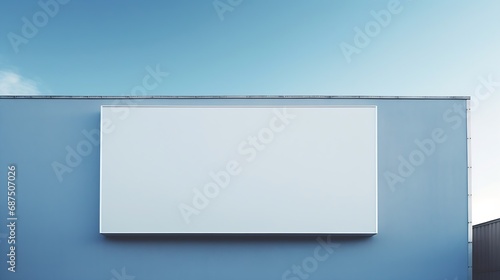 Blank name board on a building exterior. Empty white space for a company logo on a wall. Template of a signboard on an office house. Blue facade with closed window blinds. Blue sky in  : Generative AI photo