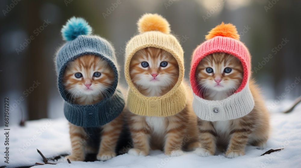 Three little kittens cute wearing a knitted hat and sweaters lying on the snow winter, generative ai Three little kittens cute wearing a knitted hat and sweaters lying on the snow winter, generative ai