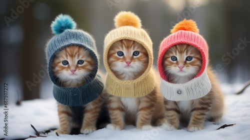 Three little kittens cute wearing a knitted hat and sweaters lying on the snow winter, generative ai