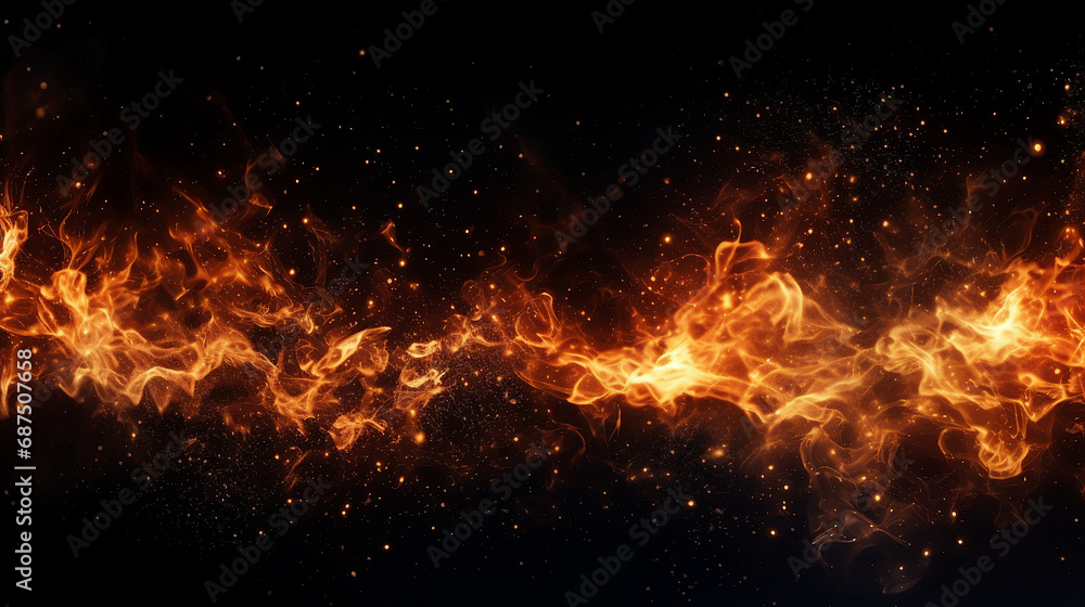 Mesmerizing Fire Embers Border: Dynamic Sparkler Burning in Vibrant Fiery Motion over Black Background - Abstract Celebration Concept for Festive Events and Atmospheric Designs.