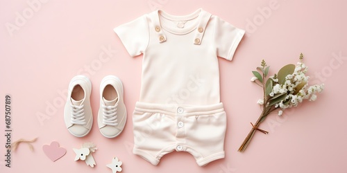 Set of baby girl clothes, shoes, accessories on pink background. Fashion newborn clothes. Flat lay, top view. Copy space. : Generative AI photo