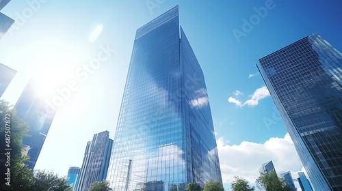 Skyscraper glass facades on a bright sunny day with sunbeams in the blue sky. Modern buildings in Paris business district La Defense. Economy, finances, business activity concept. Bott : Generative AI