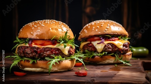 Two delicious homemade burgers of beef, cheese and vegetables on an old wooden table. Fat unhealthy food close-up. : Generative AI