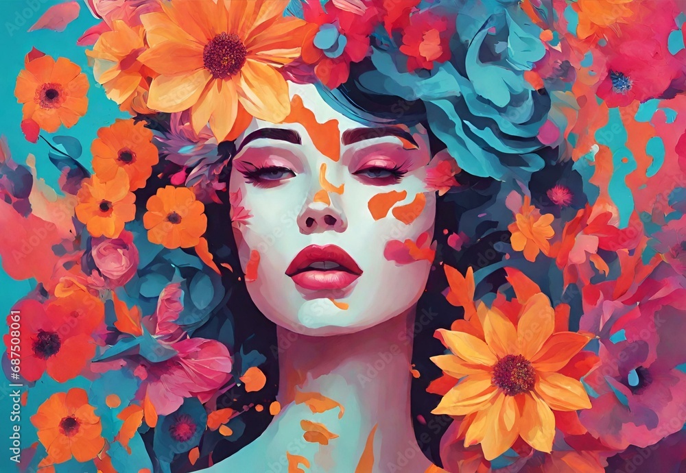An imaginative scene with a woman adorned in vibrant flowers, An abstract and dreamlike atmosphere reminiscent of pop art aesthetics
