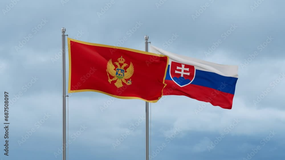Slovak Republic or Slovakia and Montenegro flag waving together on cloudy sky, endless seamless loop, two country cooperation concept Slovak Republic or Slovakia and Montenegro flag waving together on cloudy sky, endless seamless loop, two country cooperation concept