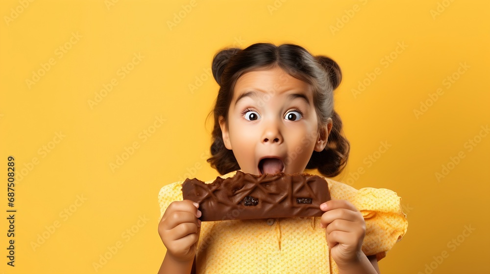 Adorable funny astonished little girl with dark hair in summer clothes making face while looking at delicious chocolate ice cream bar against yellow background : Generative AI - obrazy, fototapety, plakaty 