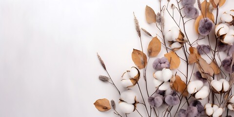Autumn composition. Frame made of eucalyptus branches, cotton flowers, dried leaves on pastel gray background. Autumn, fall concept. Flat lay, top view, copy space : Generative AI
